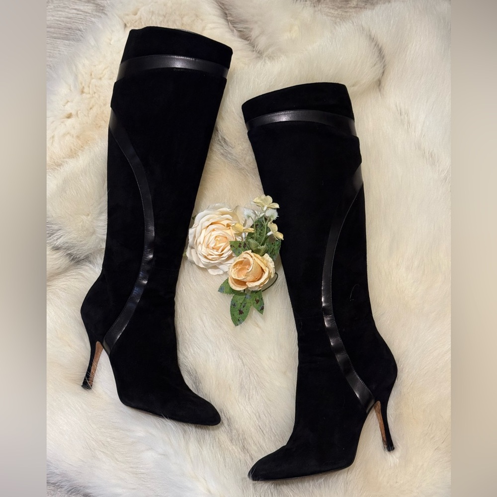 Black Suede Knee-High Stiletto Boots